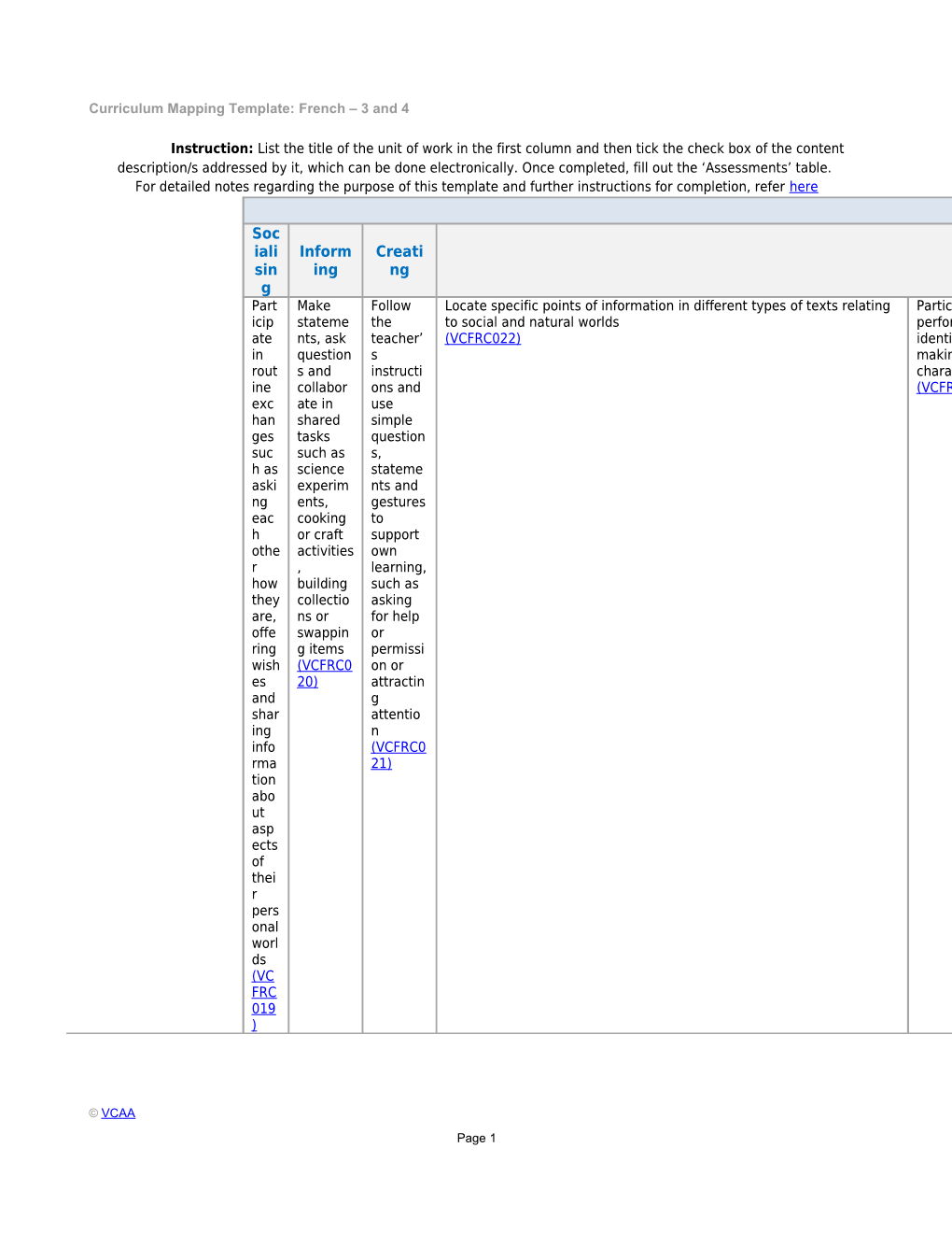 Curriculum Mapping Template: French 3 and 4