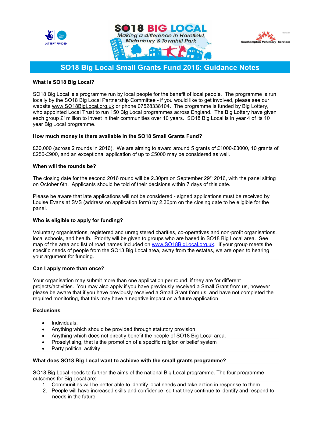 SO18 Big Local Small Grants Fund Guidance Notes