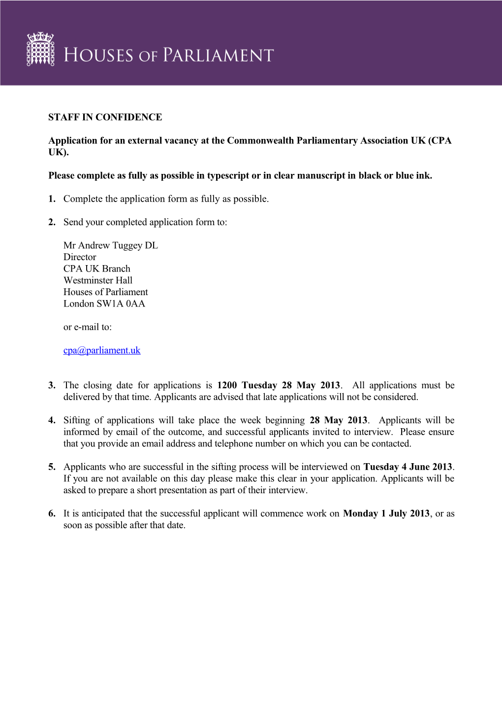 Application for an External Vacancy at the Commonwealth Parliamentary Association UK (CPA UK)
