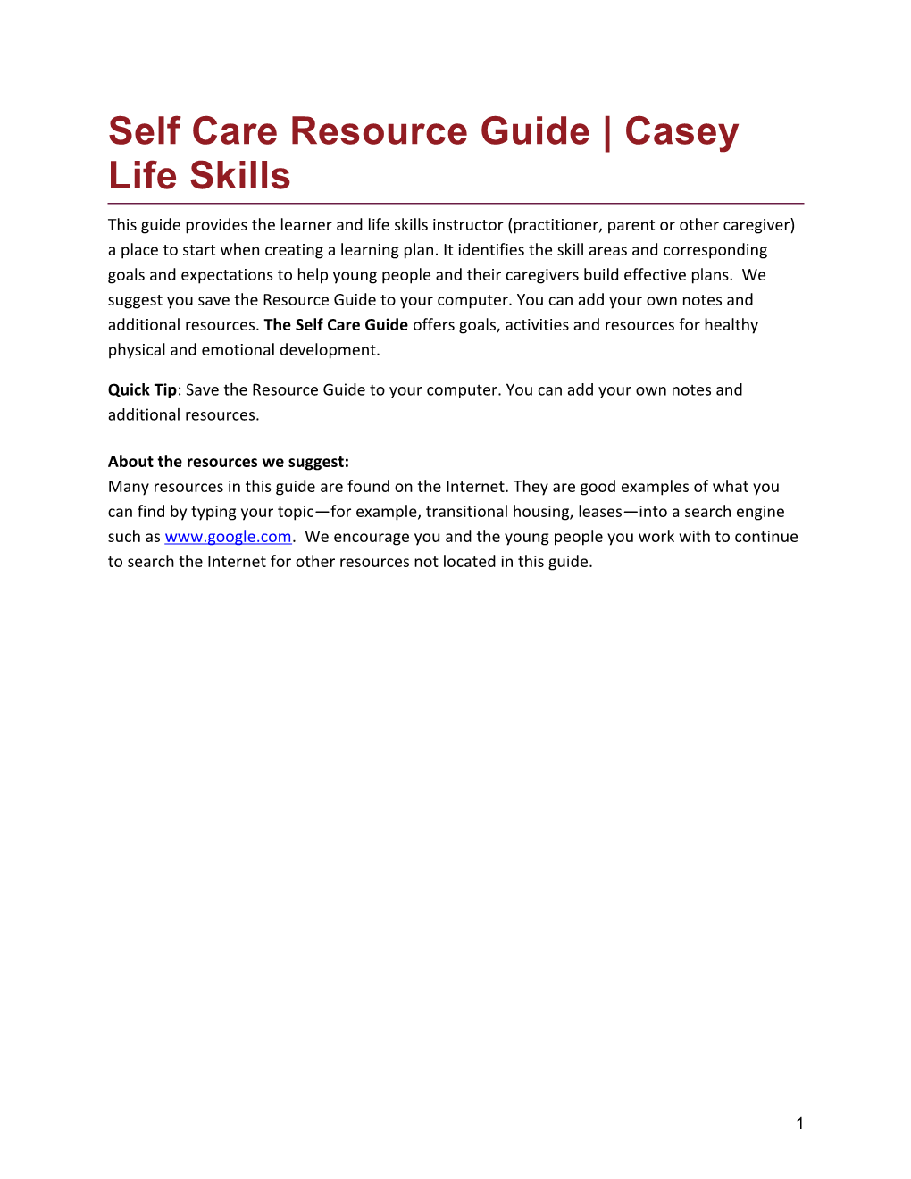 Self Care Resource Guide Casey Life Skills
