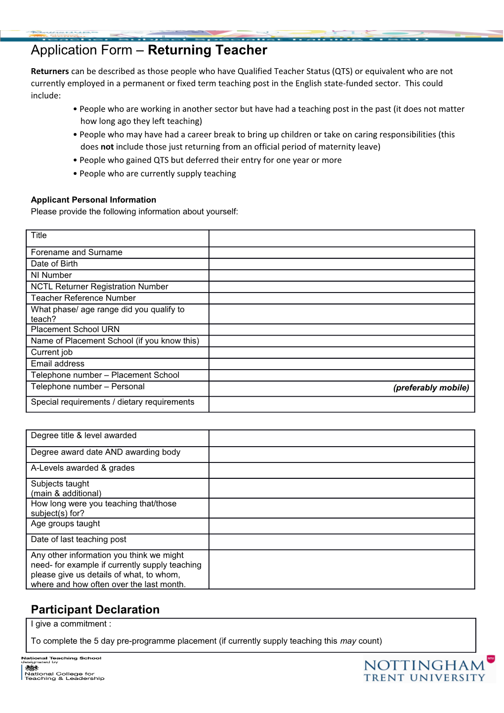 Application Form Returning Teacher