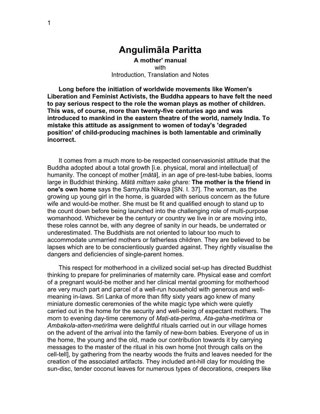 Angulimāla Paritta - a Mother' Manual, with Introduction, Translation and Notes