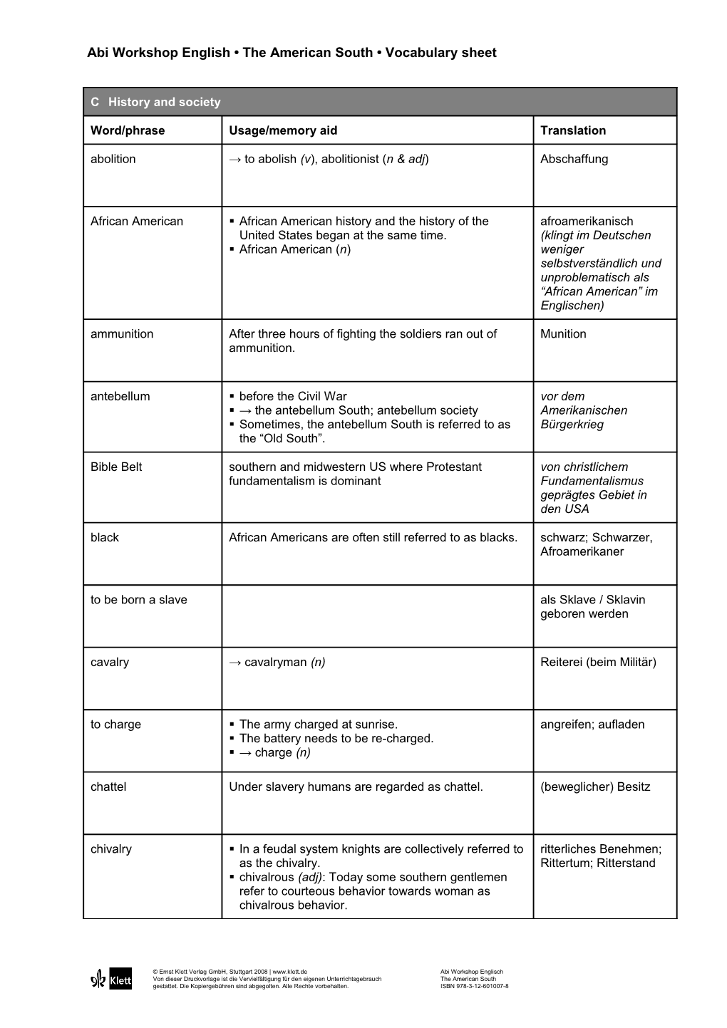 Abi Workshop English the American South Vocabulary Sheet