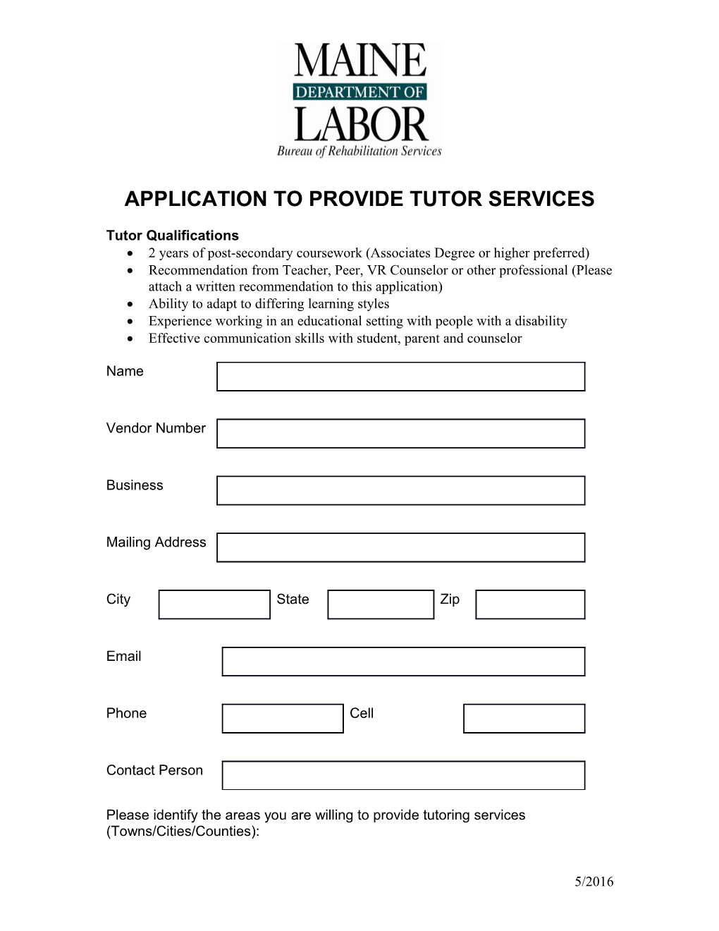 Application to Provide Tutor Services