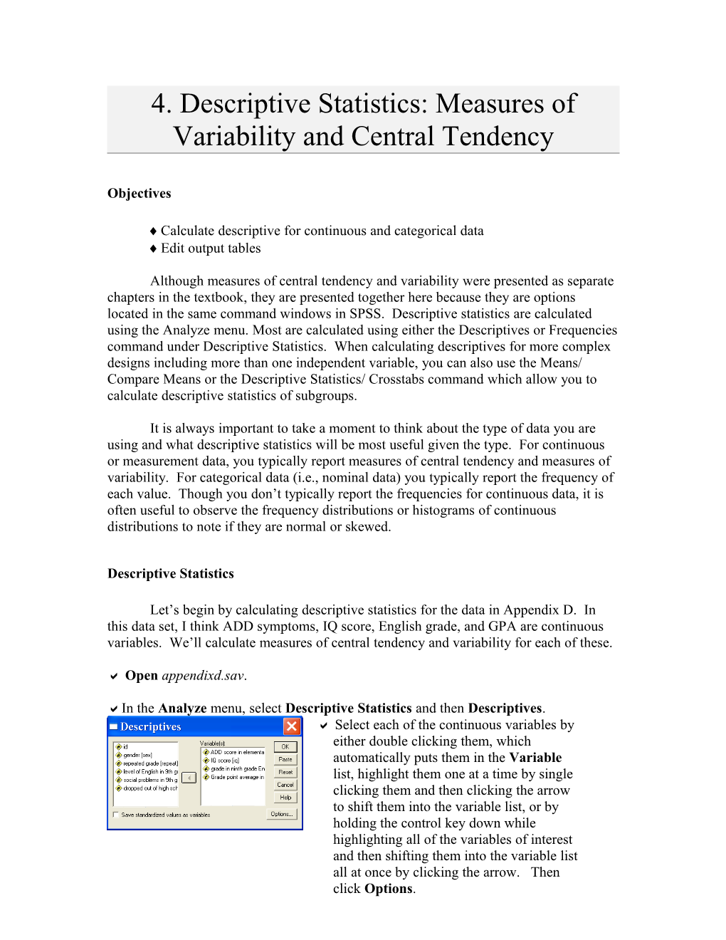 4. Descriptive Statistics: Measures of Variability and Central Tendency