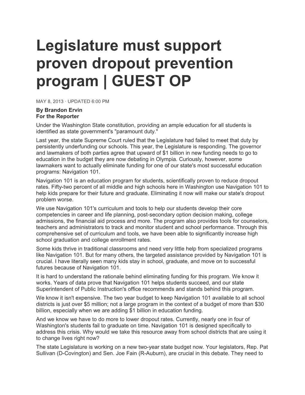 Legislature Must Support Proven Dropout Prevention Program GUEST OP