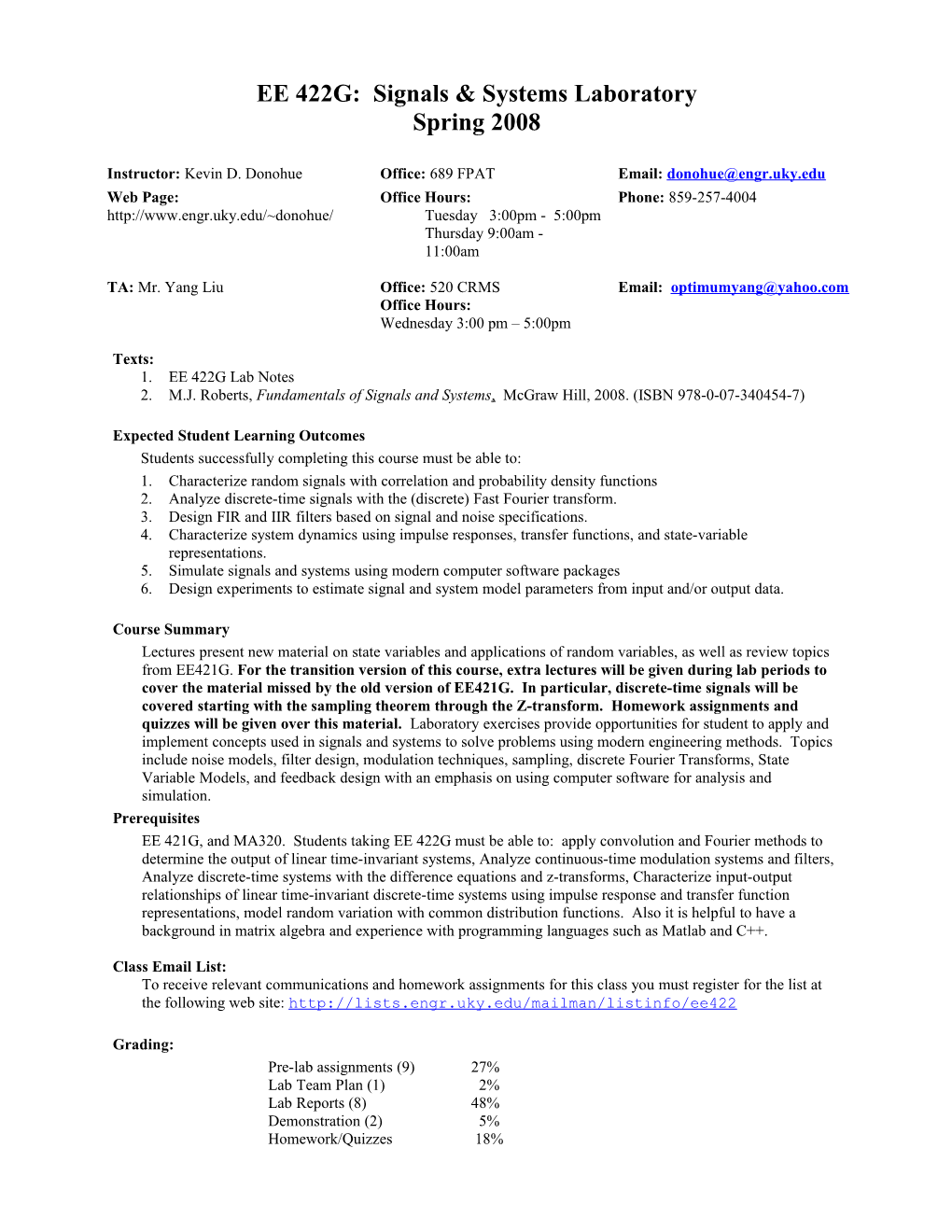 EE 422G: Signals & Systems Laboratory