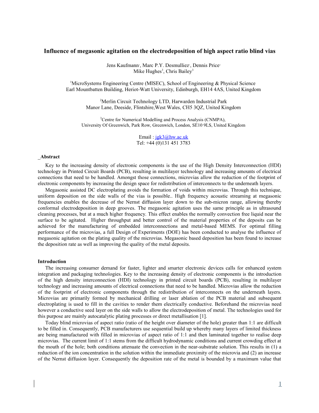 Megasonic Agitation Impact on Electrodeposition for High Aspect Ratio Copper Structures