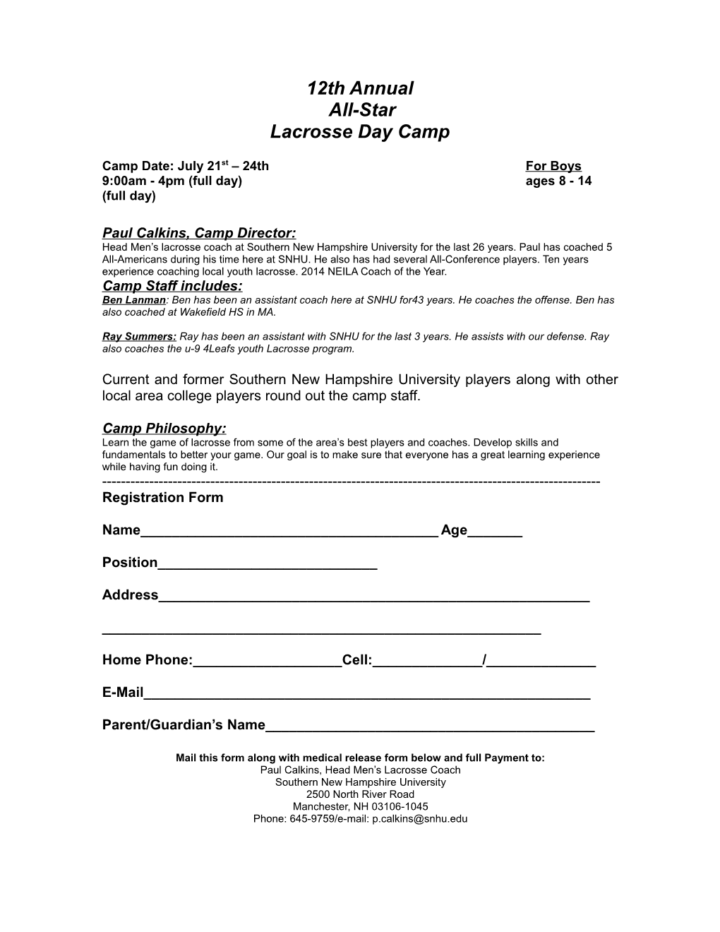 Southern New Hampshire All-Star Lacrosse Camp