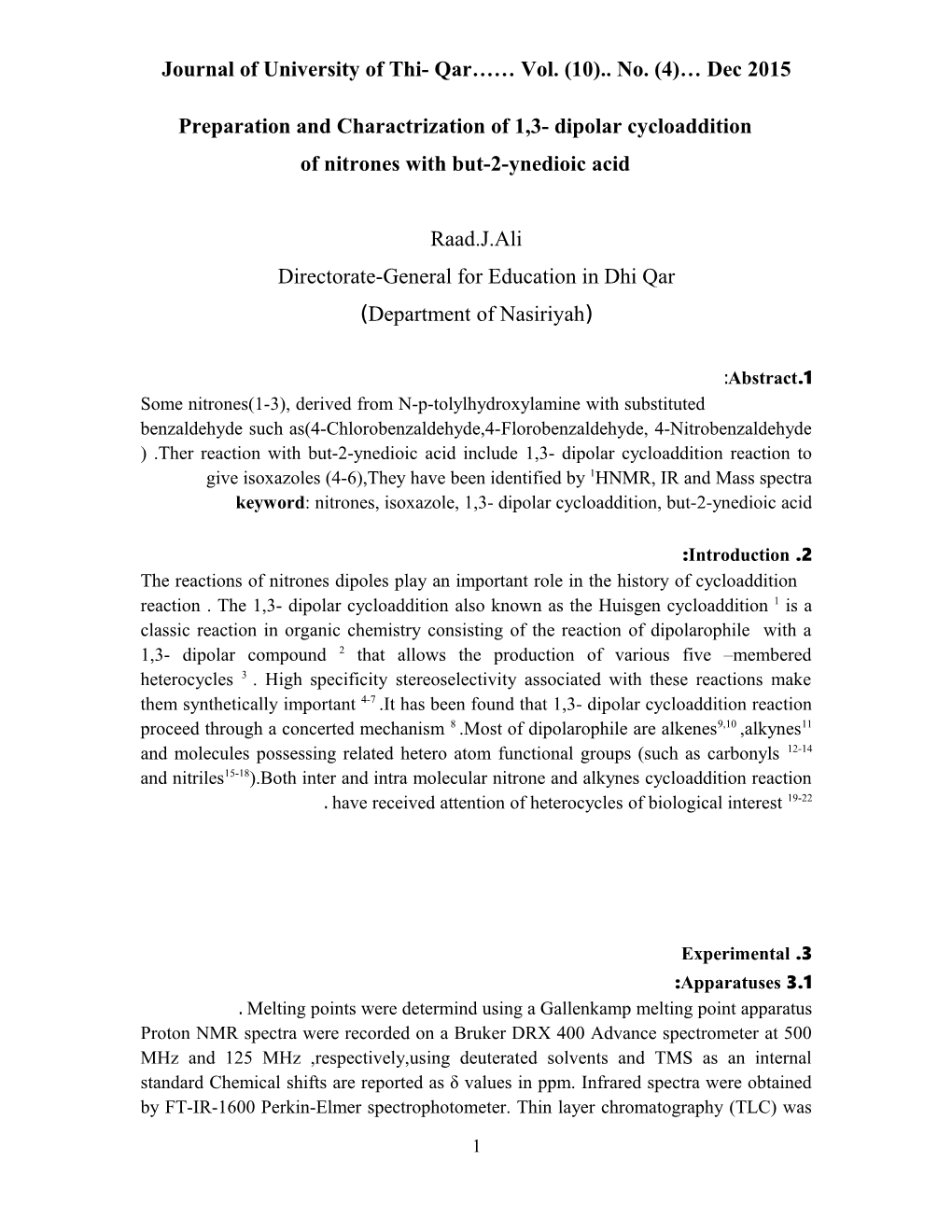 Preparation and Charactrization of 1,3- Dipolar Cycloaddition