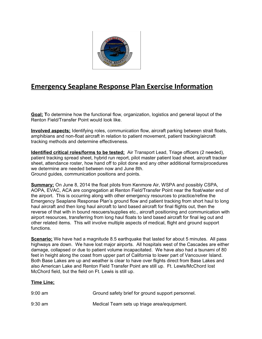 Emergency Seaplane Response Plan Exercise Information