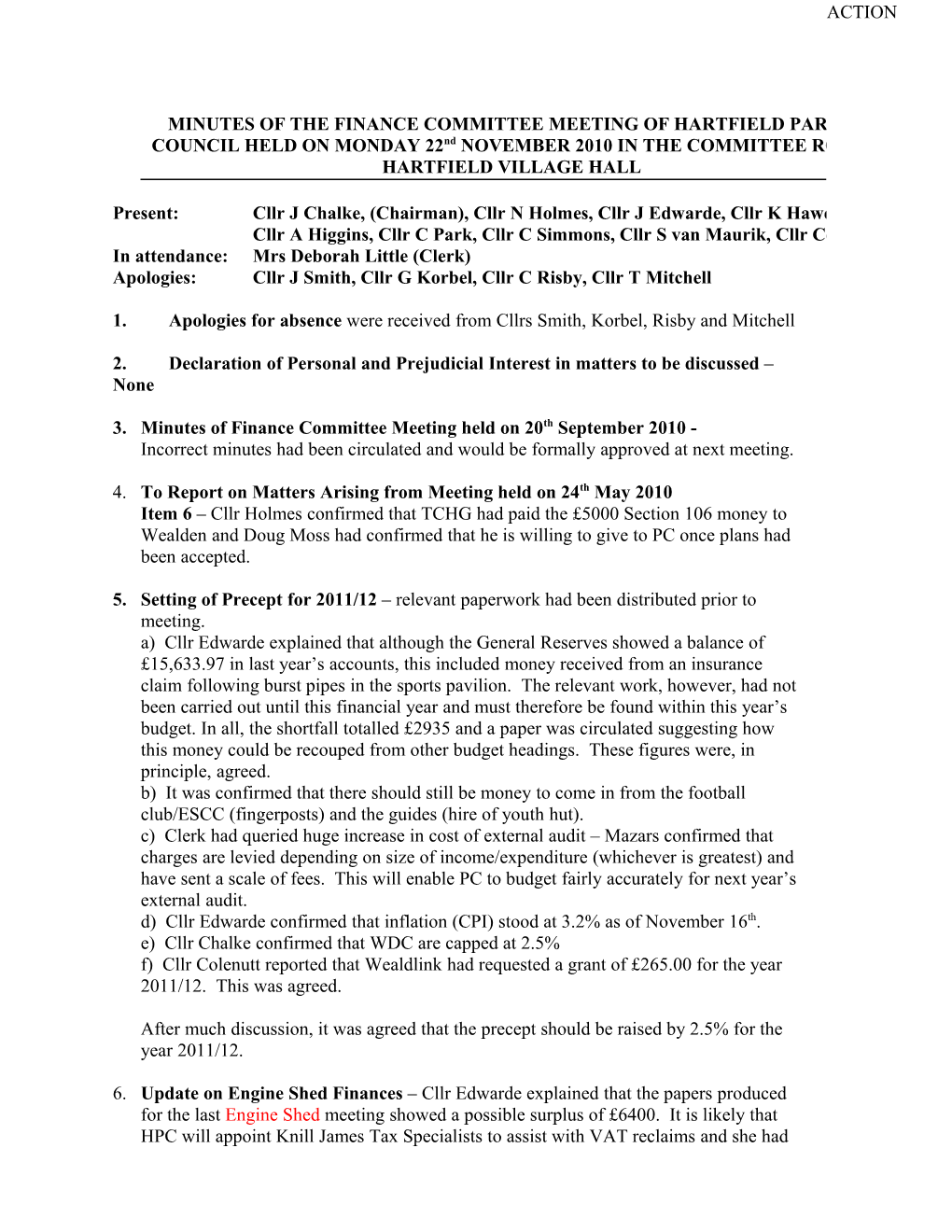 Minutes of the Finance Committee Meeting of Hartfield Parish Council Held on Monday 18