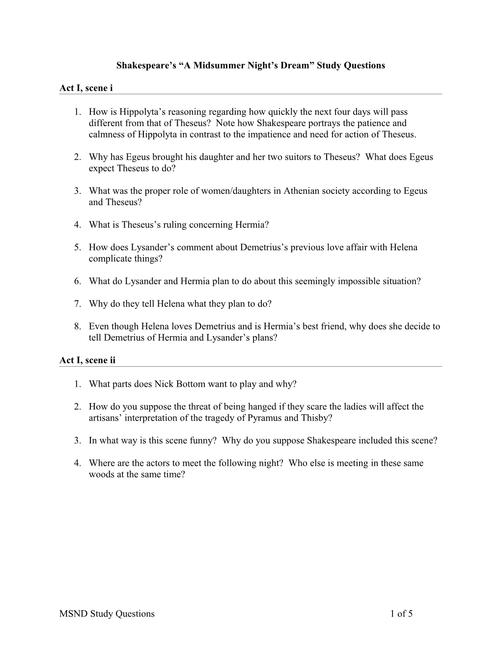 Shakespeare S a Midsummer Night S Dream Study Questions