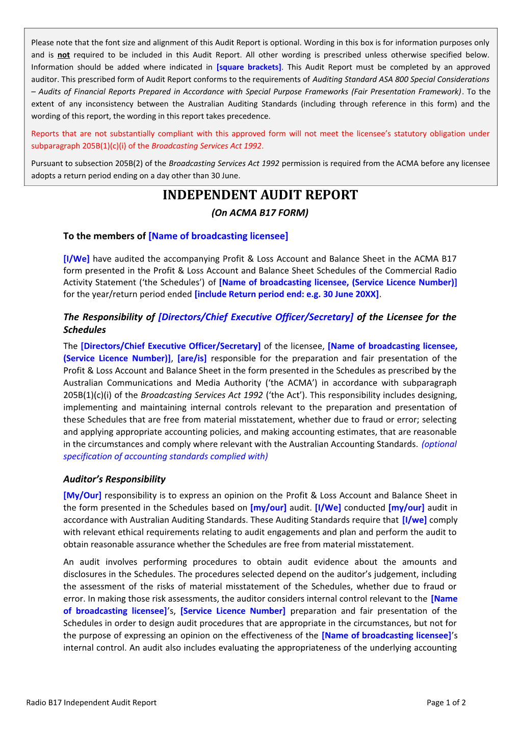 Independent Audit Report (ACMA B17 Radio Form)