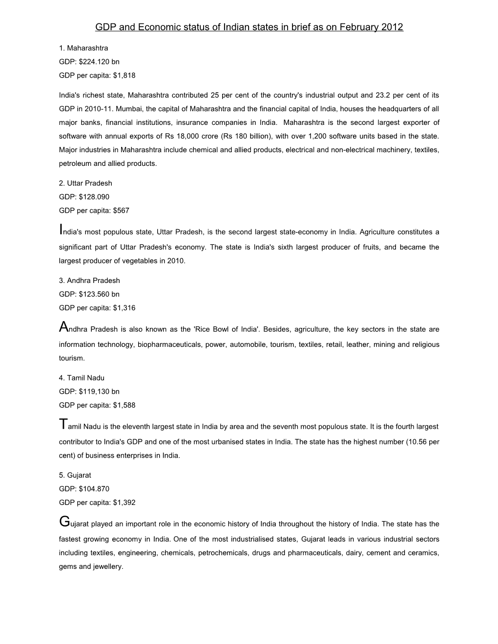 GDP and Economic Status of Indian States in Brief As on February 2012