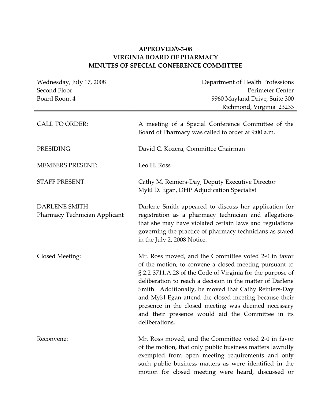 Virginia Board of Pharmacy Minutes 07-17-2008