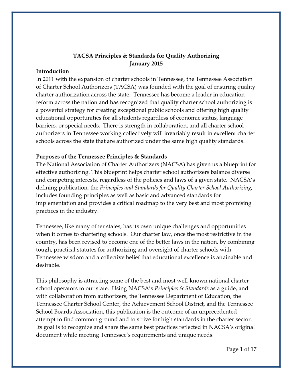TACSA Principles & Standards for Quality Authorizing