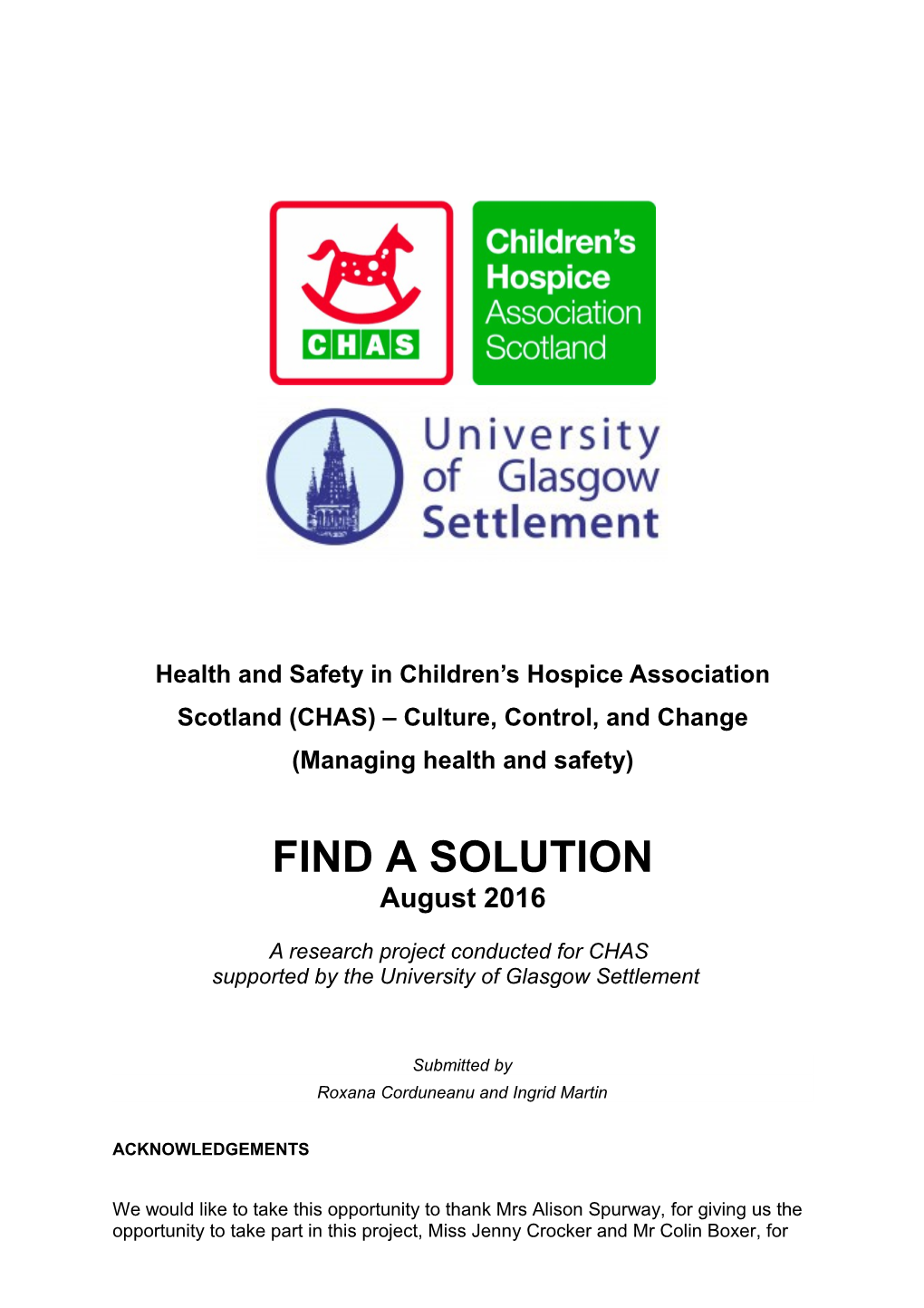 Health and Safety in Children S Hospice Association Scotland (CHAS) Culture, Control