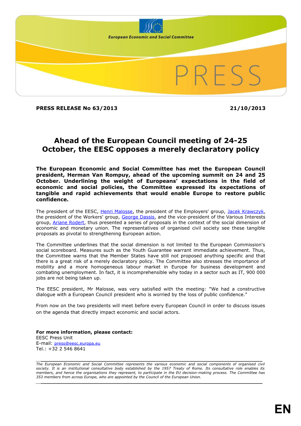 Ahead of the European Council Meeting of 24-25 October, the EESC Opposes a Merely Declaratory
