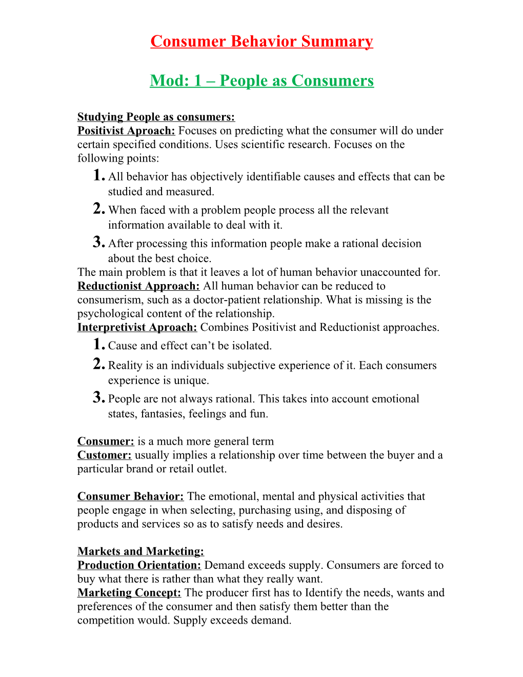 Consumer Behavior Summary