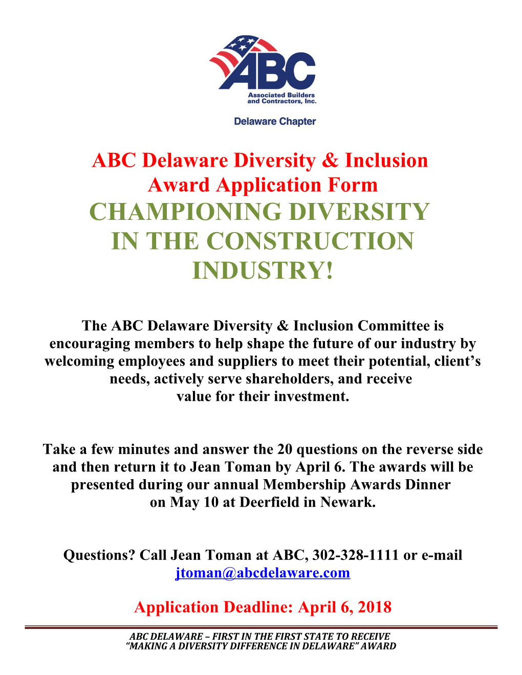 ABC Delaware Diversity & Inclusion Award Application Form