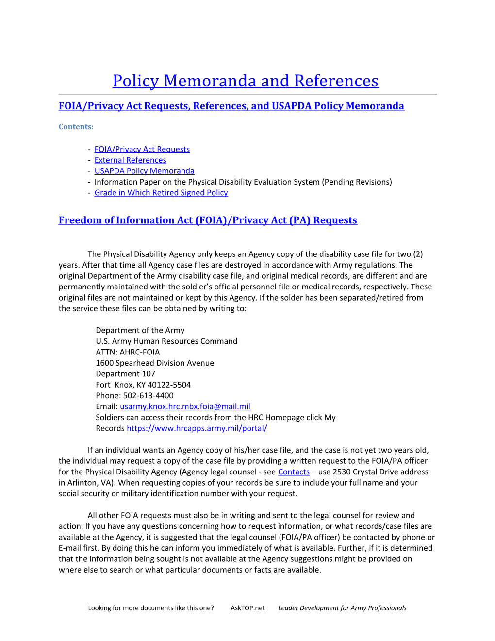 FOIA/Privacy Act Requests, References, and USAPDA Policy Memoranda