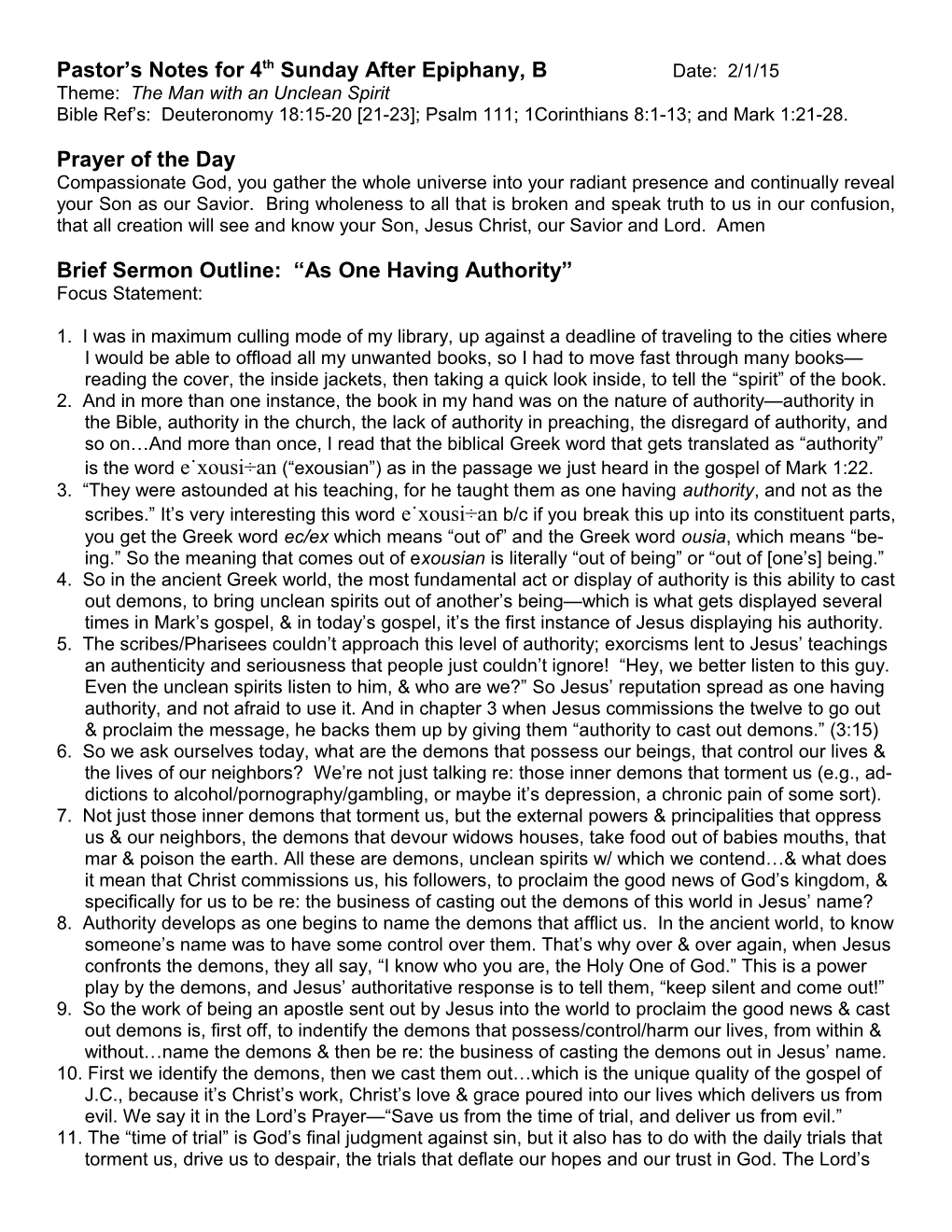 Pastor S Notes for 4Th Sunday After Epiphany, B Date: 2/1/15