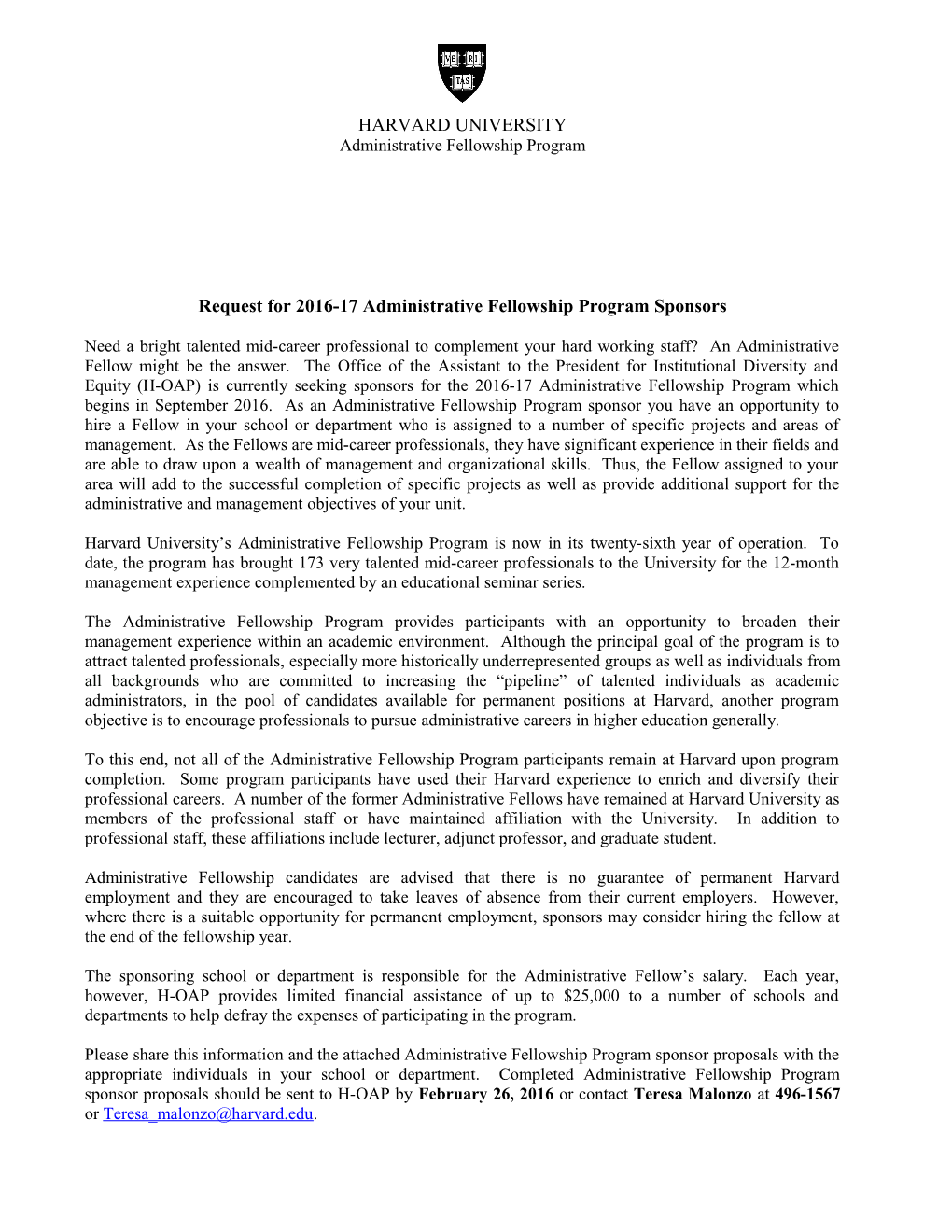 Request for 2016-17 Administrative Fellowship Program Sponsors