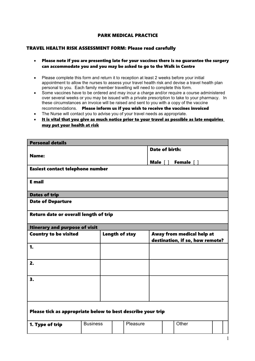 Travel Consultation Risk Assessment Form