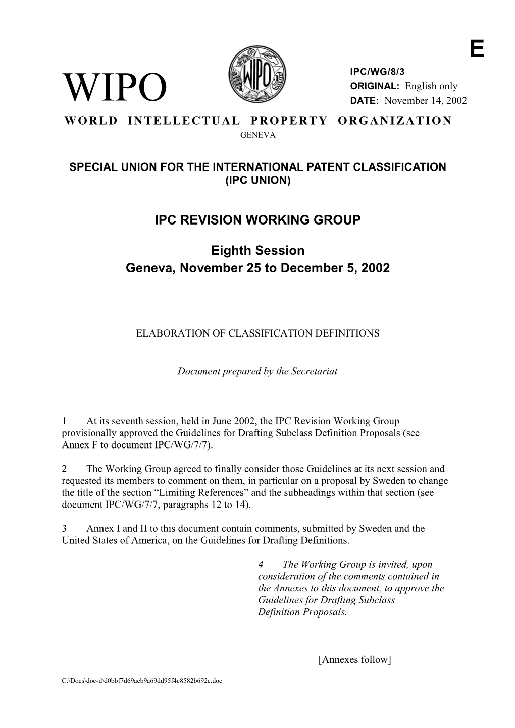 IPC/WG/8/3: Elaboration of Classification Definitions