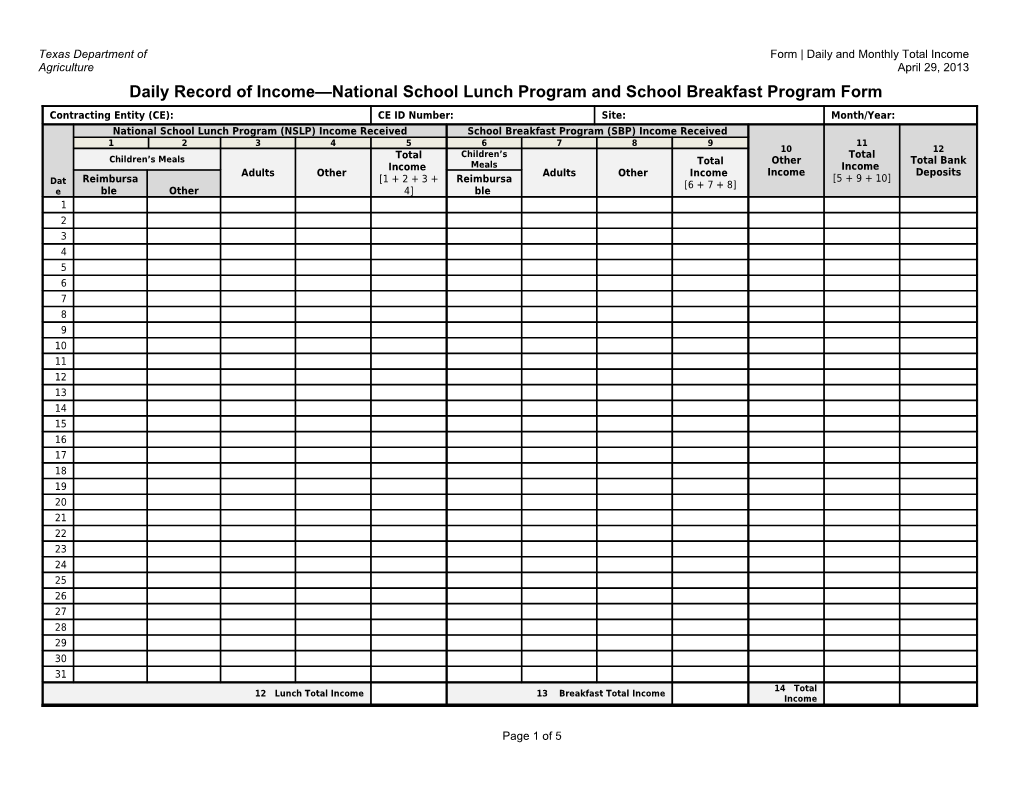 Daily Record Ofincome National School Lunch Program and School Breakfast Program Form