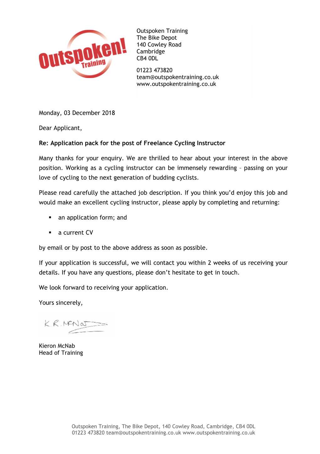 Re: Application Pack for the Post of Freelance Cycling Instructor