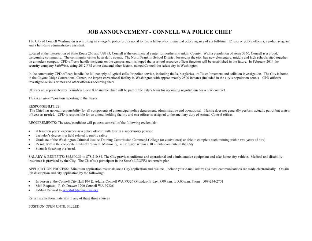Job Announcement - Connell Wa Police Chief