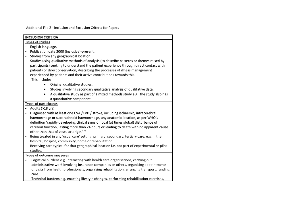 Table 1 - Inclusion and Exclusion Criteria for Papers