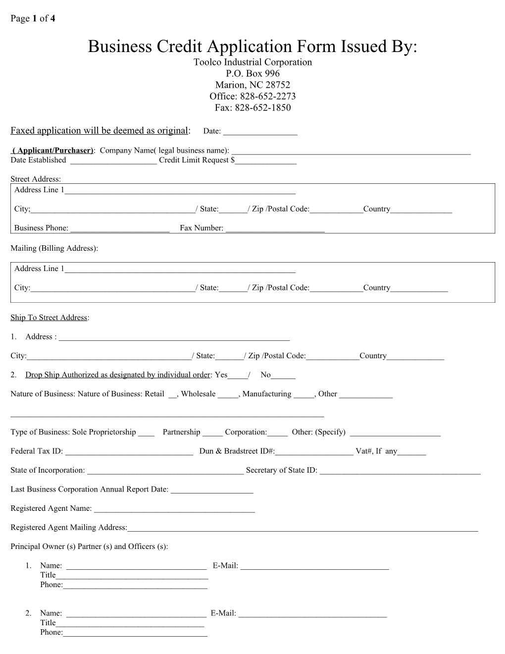 Business Credit Application Form Issued By