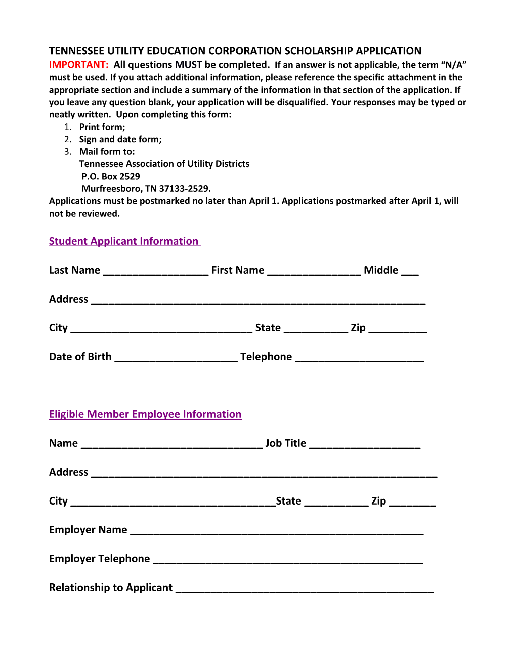 Tennessee Utility Education Corporation Scholarship Application