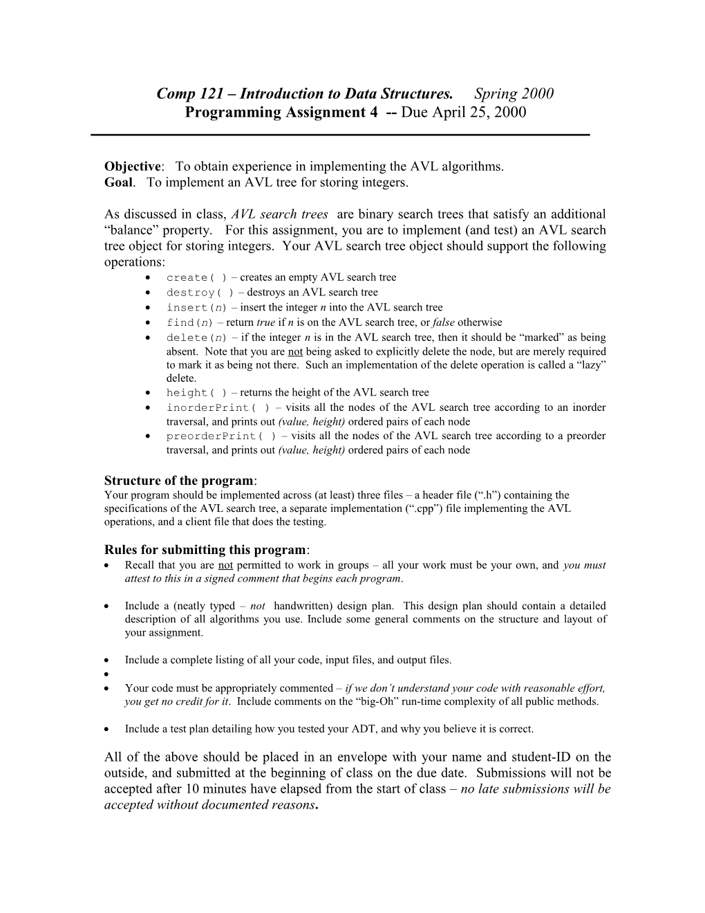 Comp 121 Introduction to Data Structures. Spring 2000