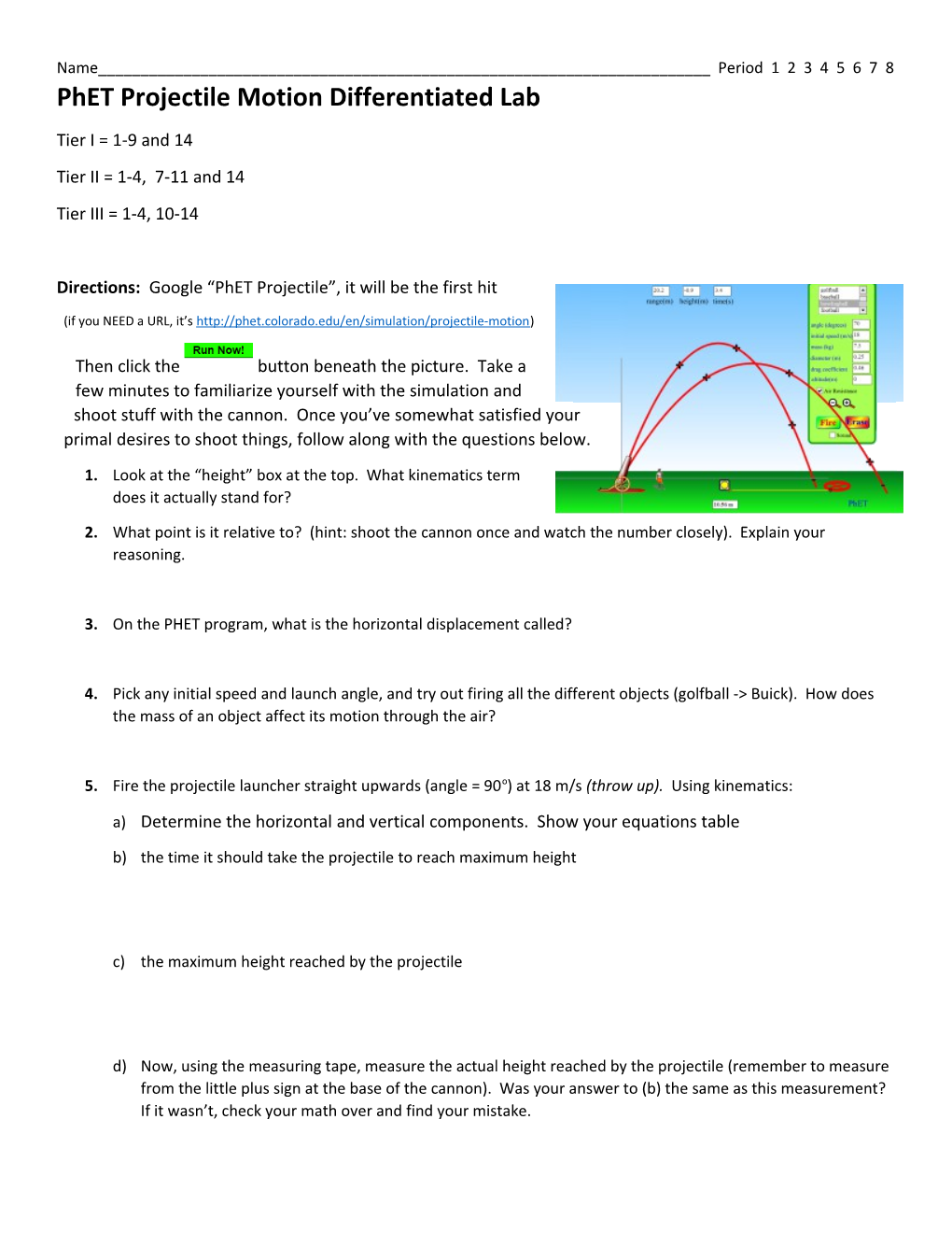 Phet Projectile Motion Differentiated Lab