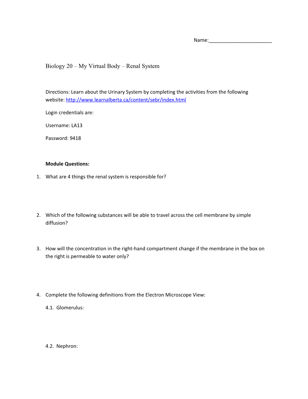 Biology 20 My Virtual Body Renal System