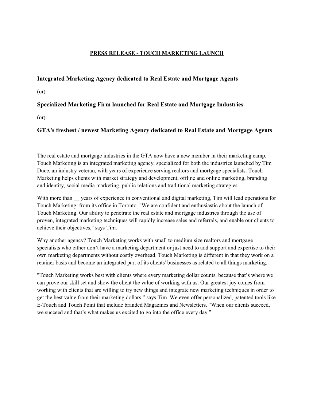 Press Release - Touch Marketing Launch