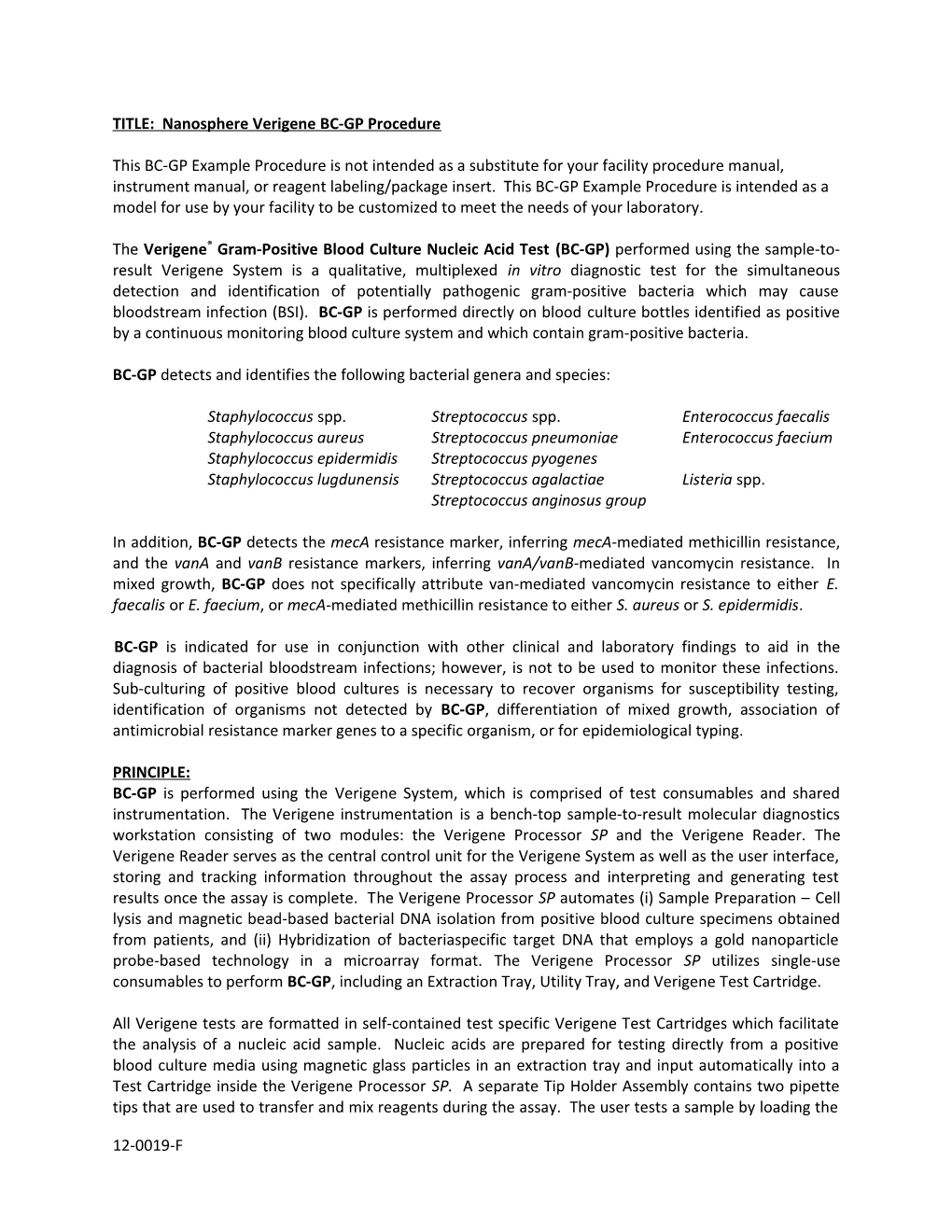 TITLE: Nanosphere Verigene BC-GP Procedure