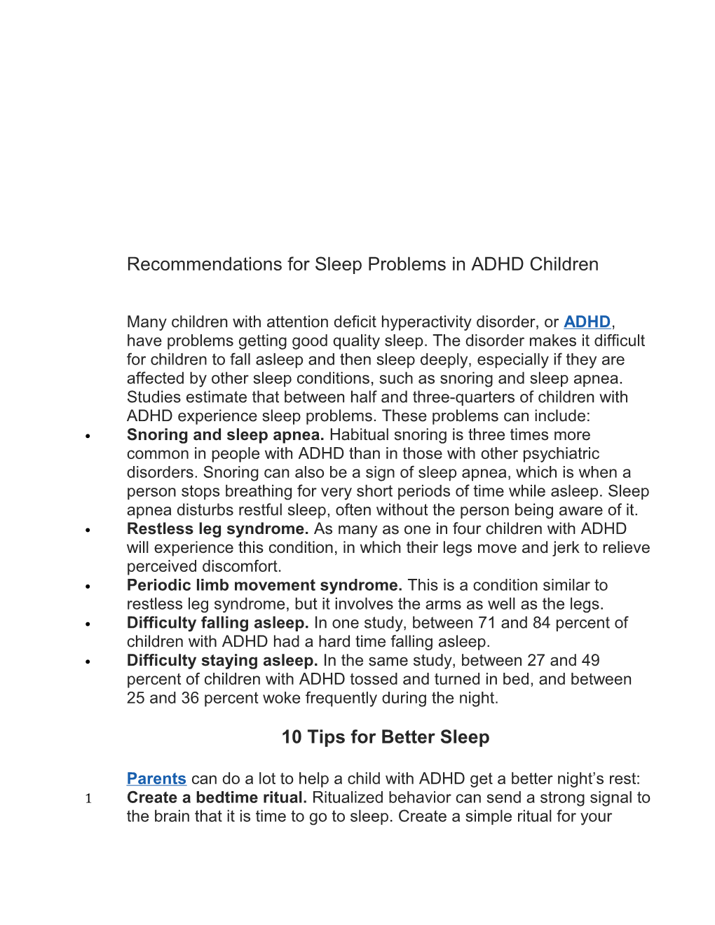 Recommendations for Sleep Problems in ADHD Children