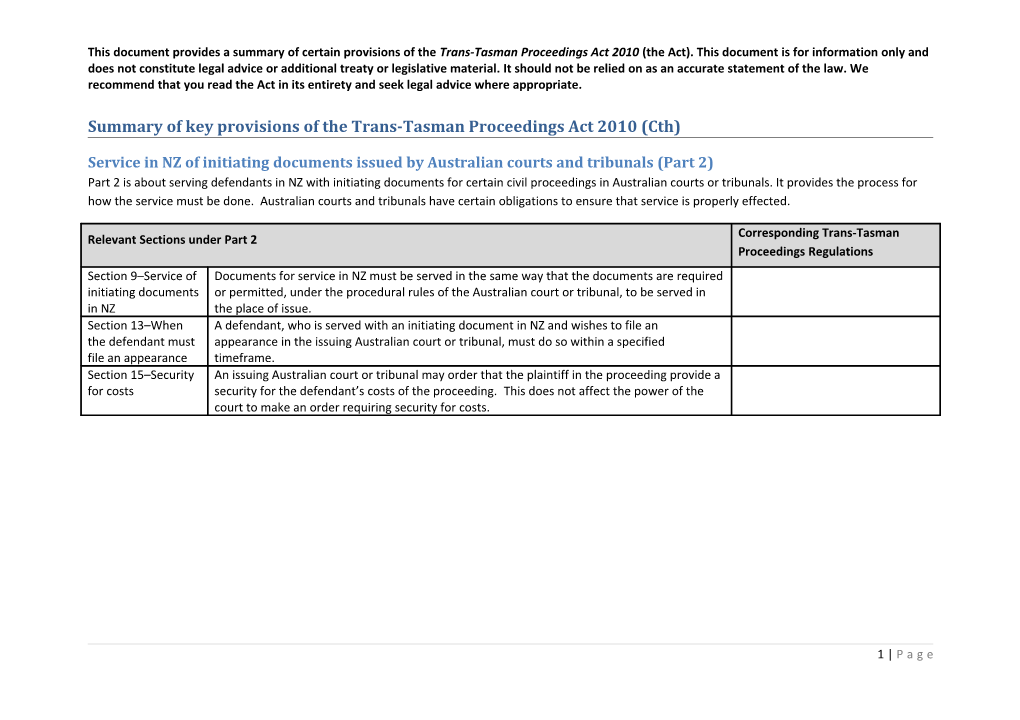 Summary of Key Provisions of the Trans-Tasman Proceedings Act 2010 (Cth)