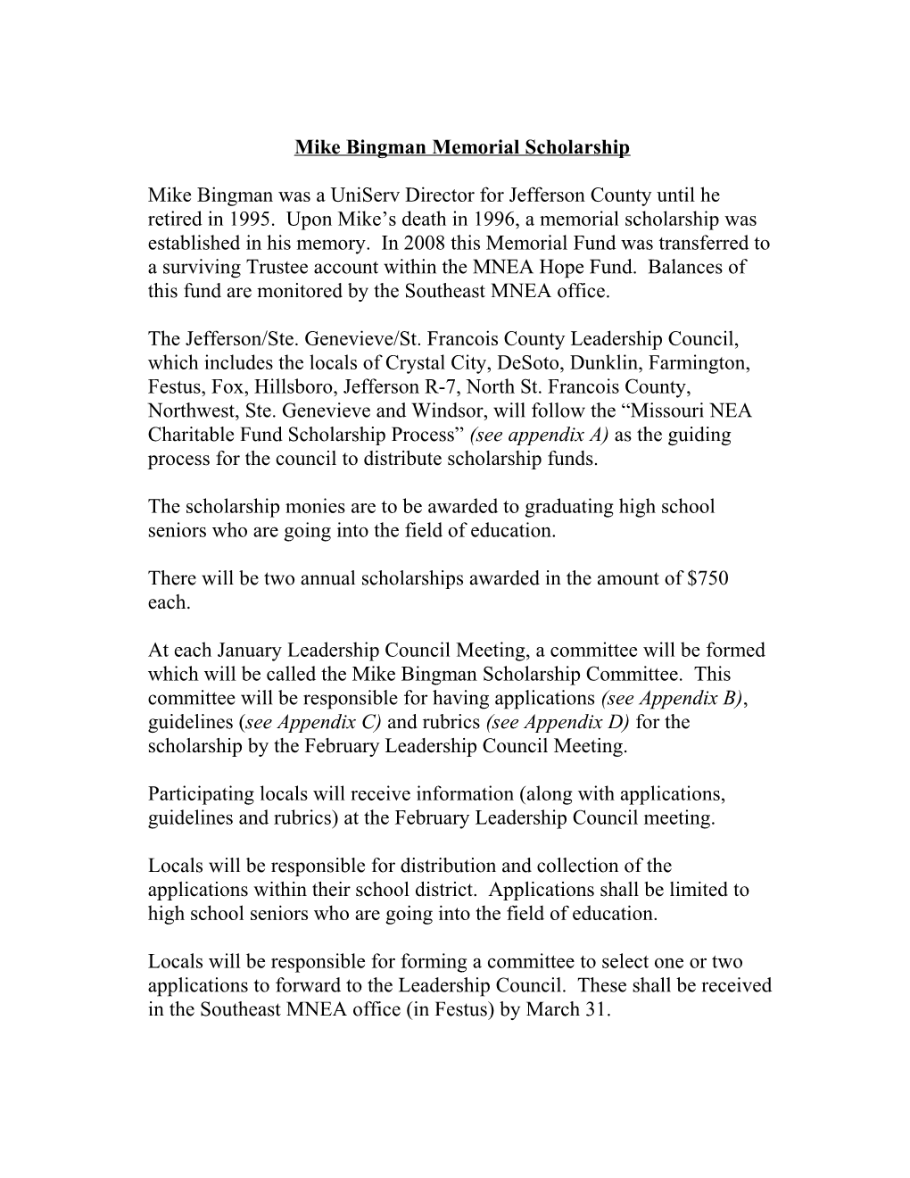 Mike Bingman Memorial Scholarship