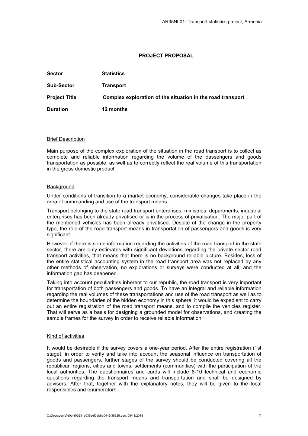 AR35NL01: Transport Statistics Project, Armenia