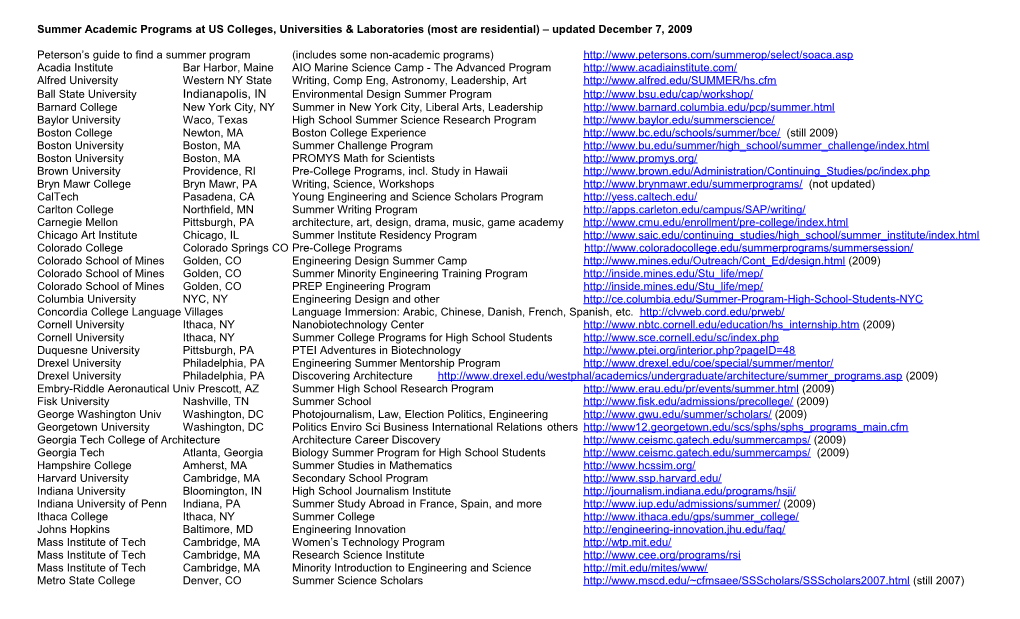 Summer Academic Programs at US Colleges, Universities & Laboratories