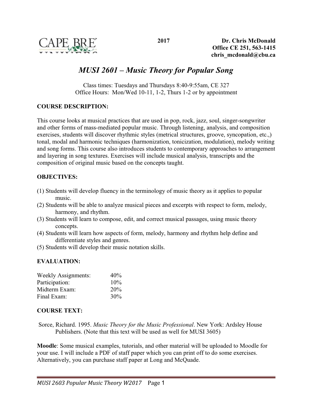 MUSI 2601 Music Theory for Popularsong