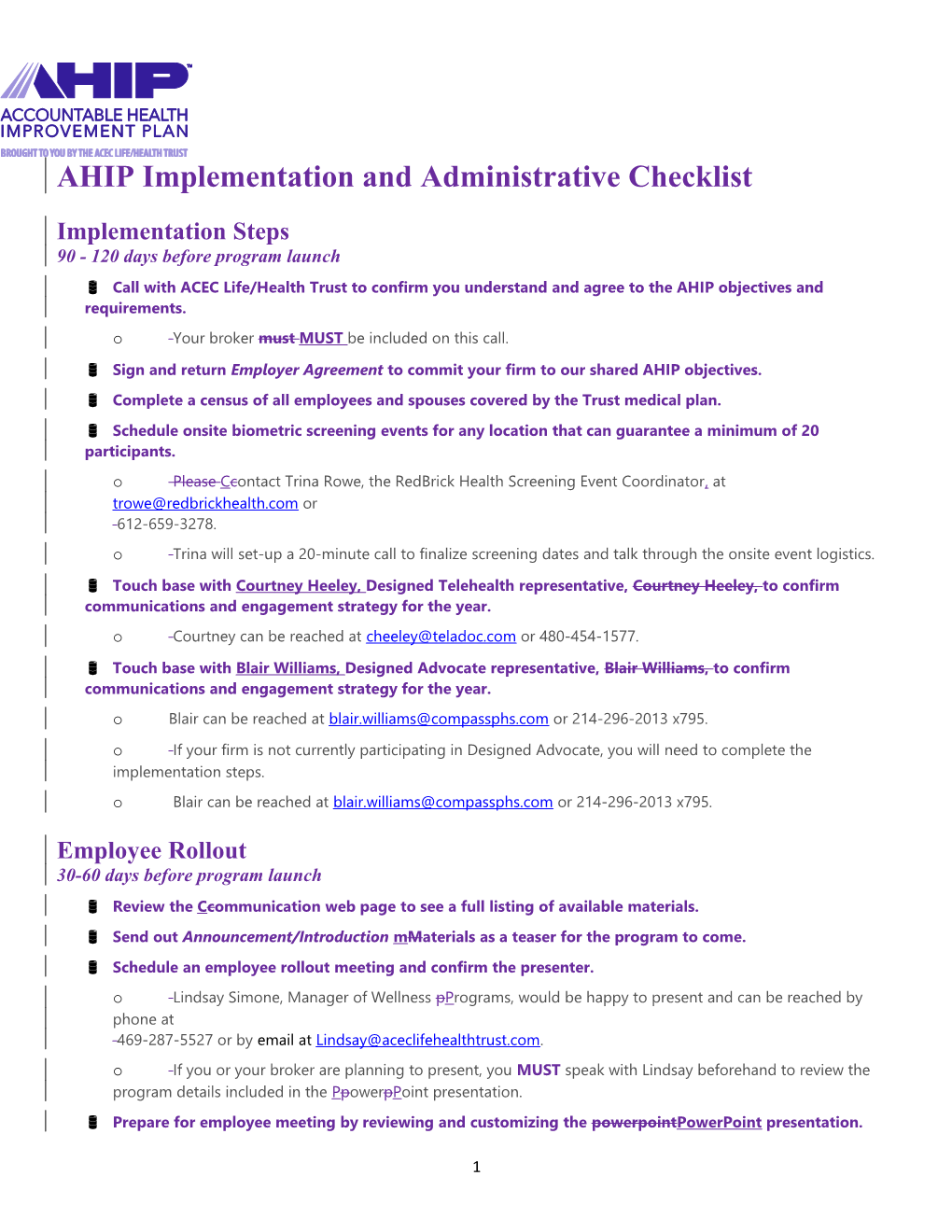 AHIP Implementation and Administrative Checklist