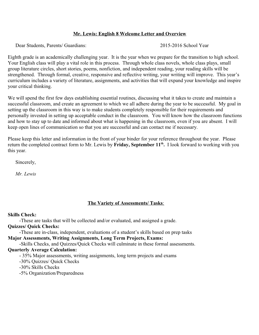 English 8 Welcome Letter and Overview