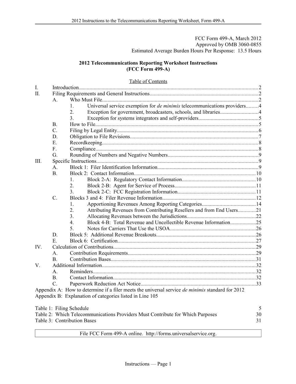 2012 Instructions to the Telecommunications Reporting Worksheet, Form 499-A